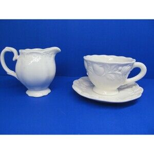 Graces Teaware White Cup Saucer and Creamer Embossed Pumpkin And Vine